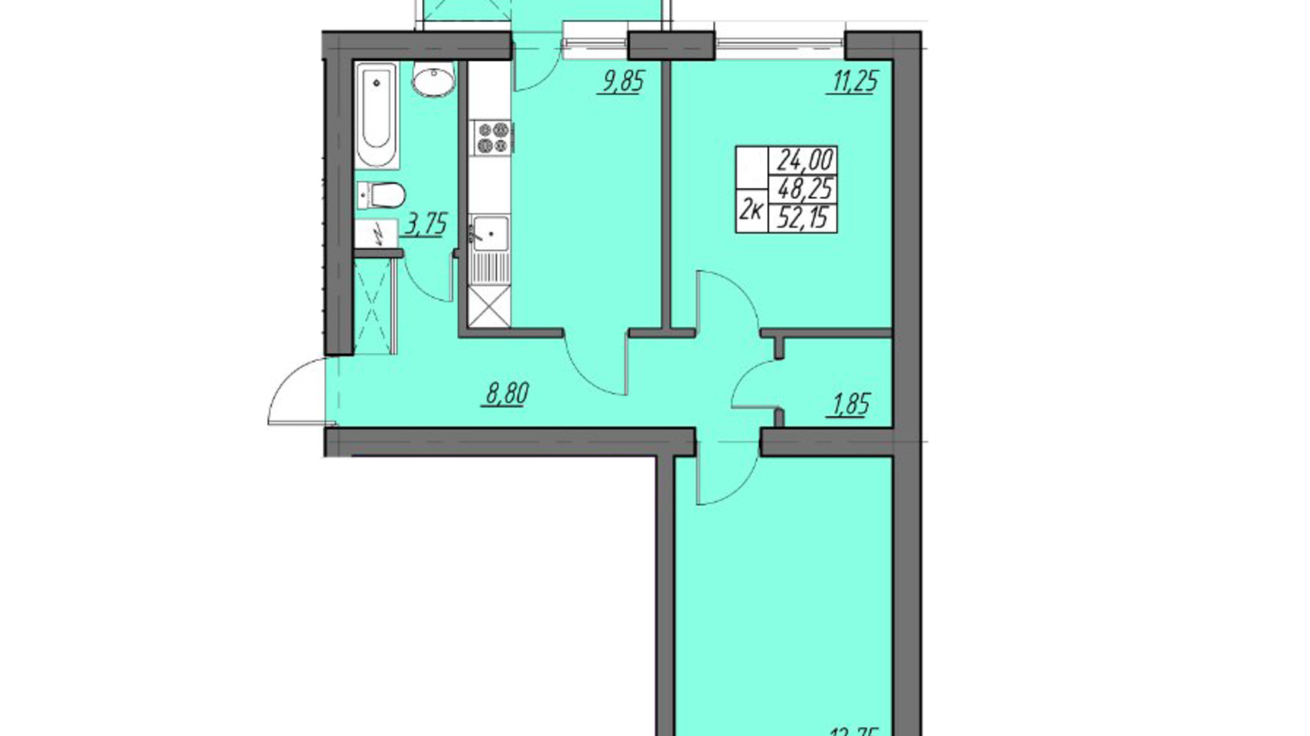 Планировка 2-комнатной квартиры в ЖК Солнечный 52.15 м², фото 563658