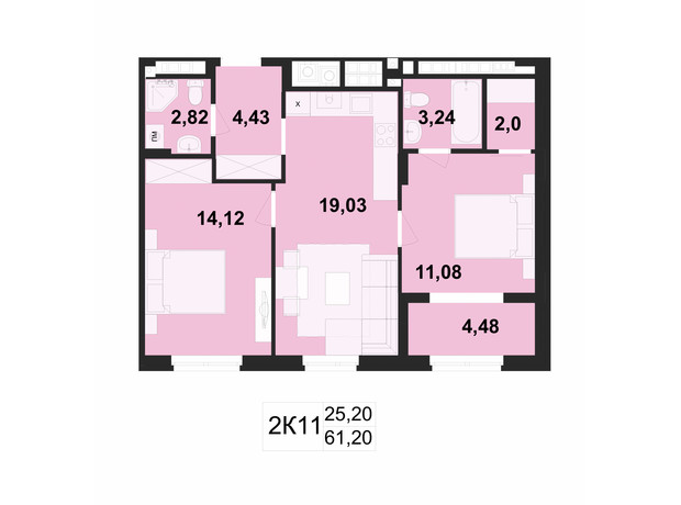 ЖК Киевский: планировка 2-комнатной квартиры 61.2 м²
