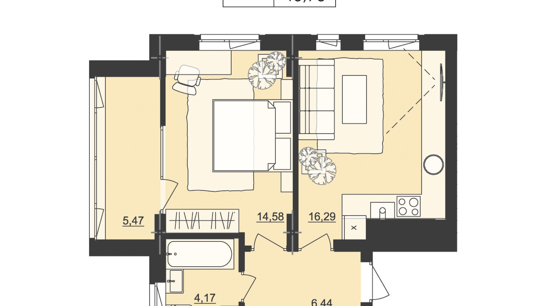 Планировка 1-комнатной квартиры в ЖК Киевский 46.95 м², фото 563746