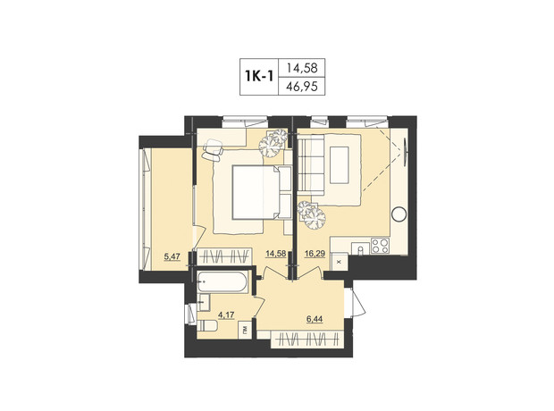 ЖК Київський: планування 1-кімнатної квартири 46.95 м²