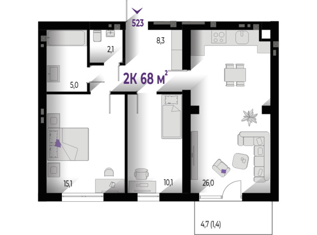 ЖК Wawel: планировка 2-комнатной квартиры 68 м²