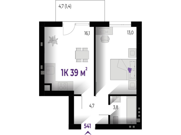 ЖК Wawel: планировка 1-комнатной квартиры 39 м²