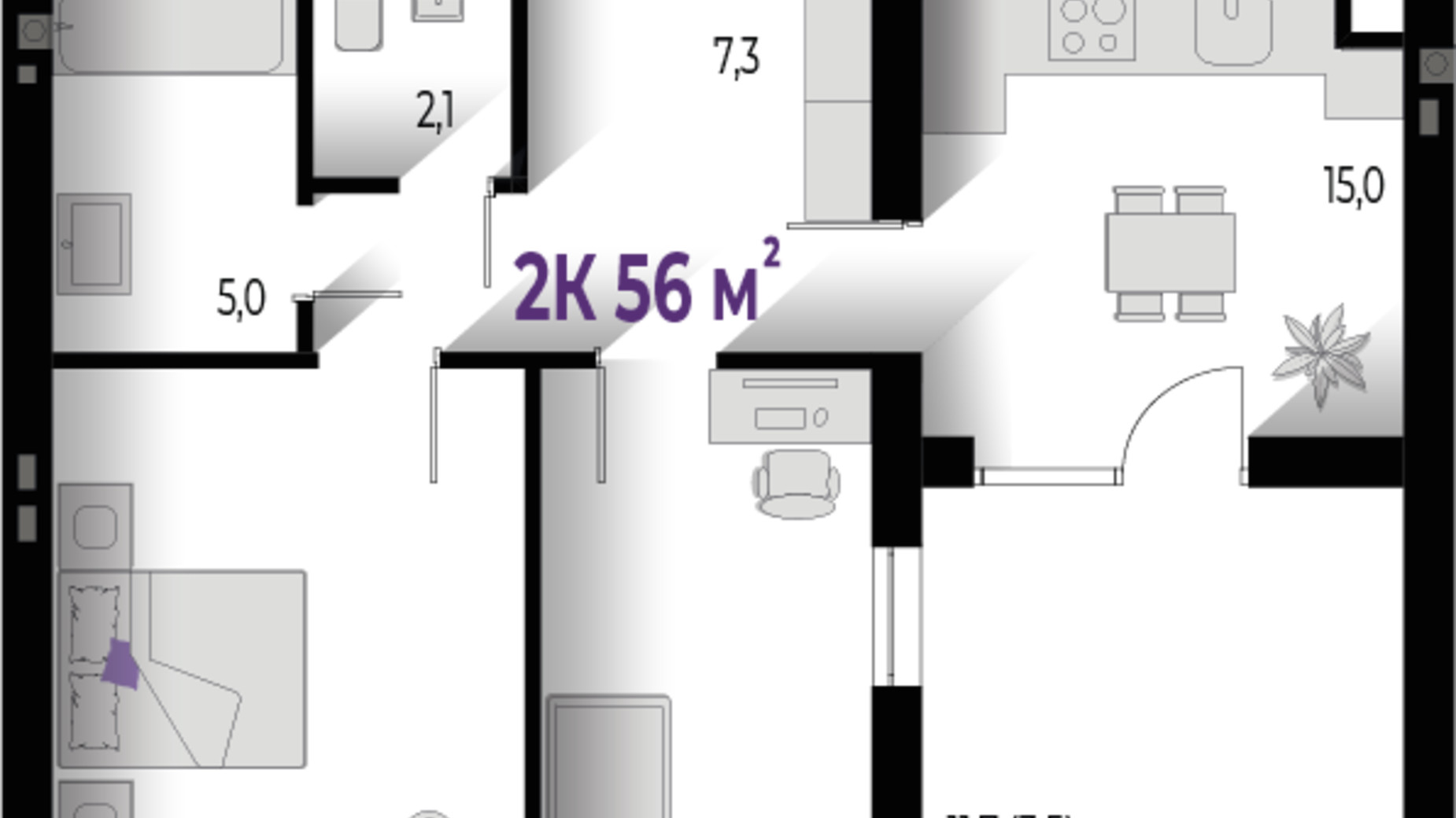 Планировка 2-комнатной квартиры в ЖК Wawel 56 м², фото 563797