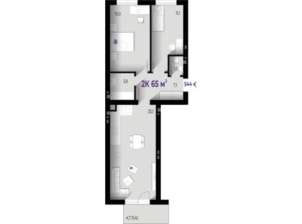 ЖК Wawel: планування 2-кімнатної квартири 65 м²