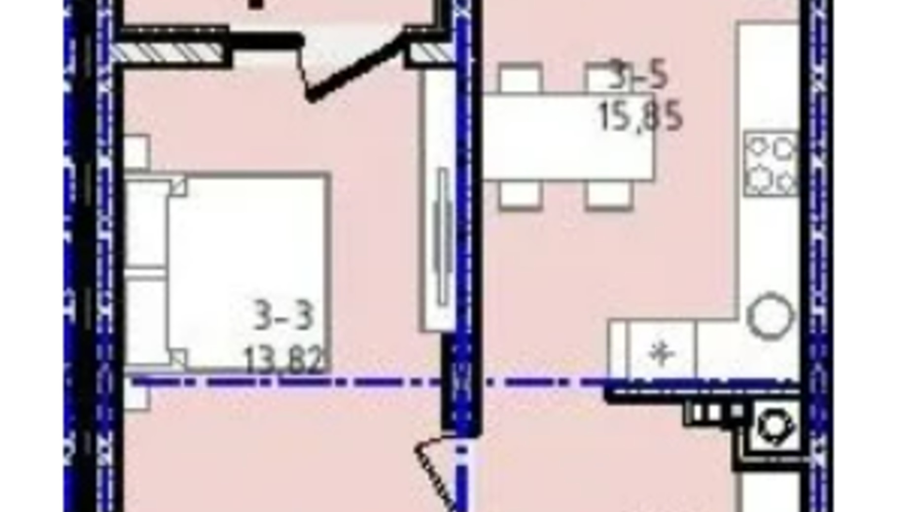 Планировка 1-комнатной квартиры в ЖК Вилла Зубра 44 м², фото 563918