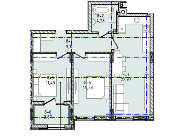 ЖК Вілла Зубра: планування 2-кімнатної квартири 66.04 м²