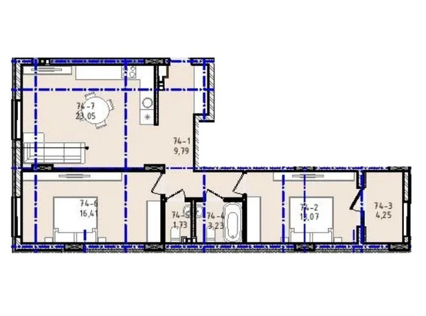 ЖК Вілла Зубра: планування 2-кімнатної квартири 77.08 м²