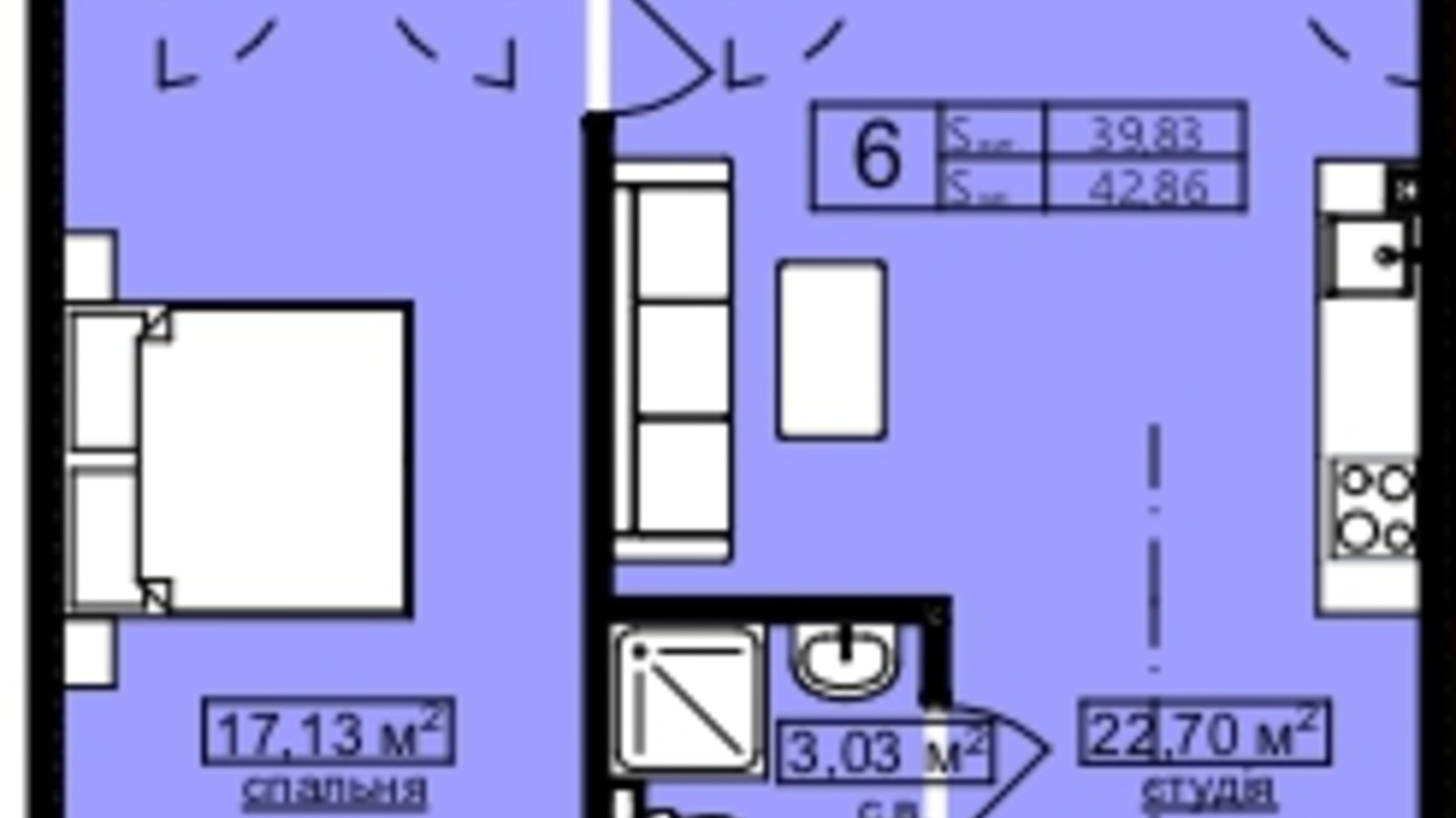 Планування апартаментів в Апарт-простір Golden Space 42.86 м², фото 563974