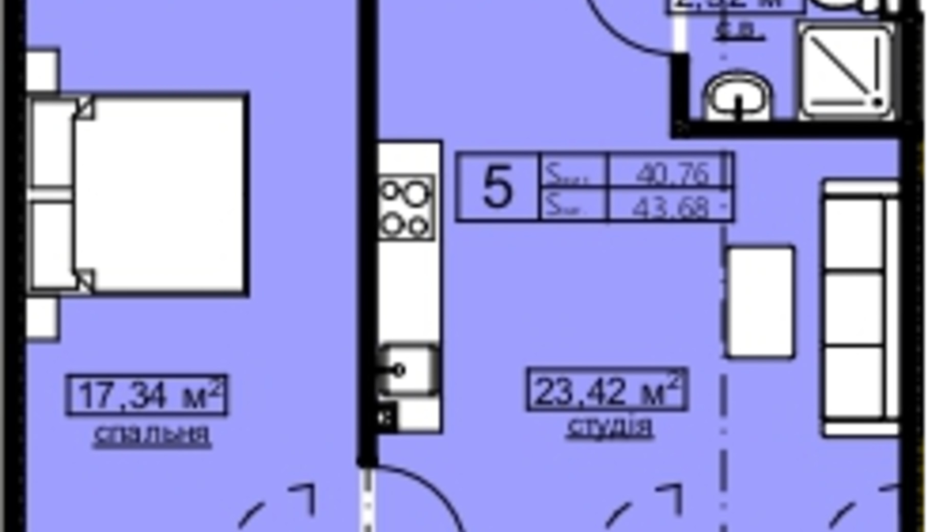 Планування апартаментів в Апарт-простір Golden Space 43.68 м², фото 563975