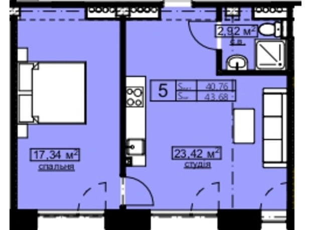 Апарт-простір Golden Space: планування 1-кімнатної квартири 43.68 м²