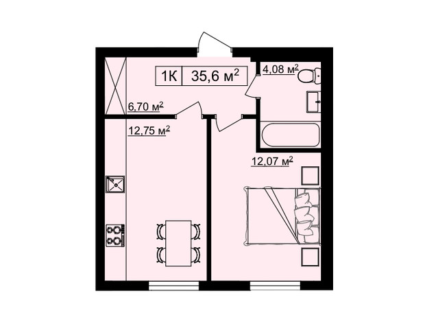 ЖК на Шпитальній 2: планування 1-кімнатної квартири 35.6 м²