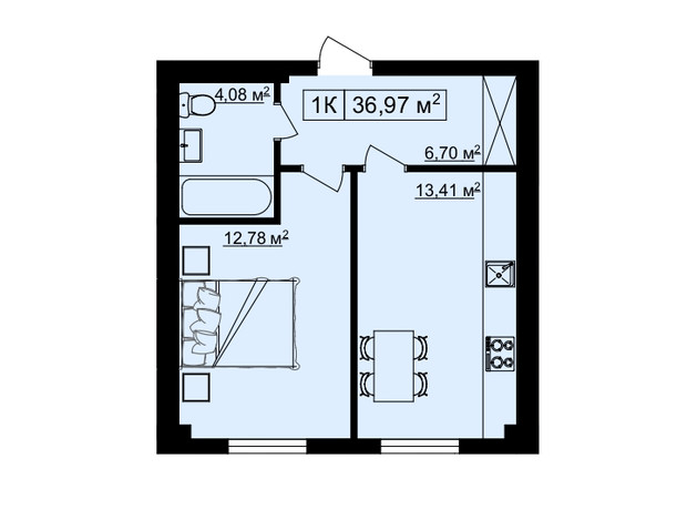 ЖК на Шпитальній 2: планування 1-кімнатної квартири 36.97 м²