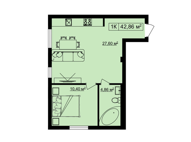 ЖК на Шпитальний 2: планировка 1-комнатной квартиры 42.86 м²