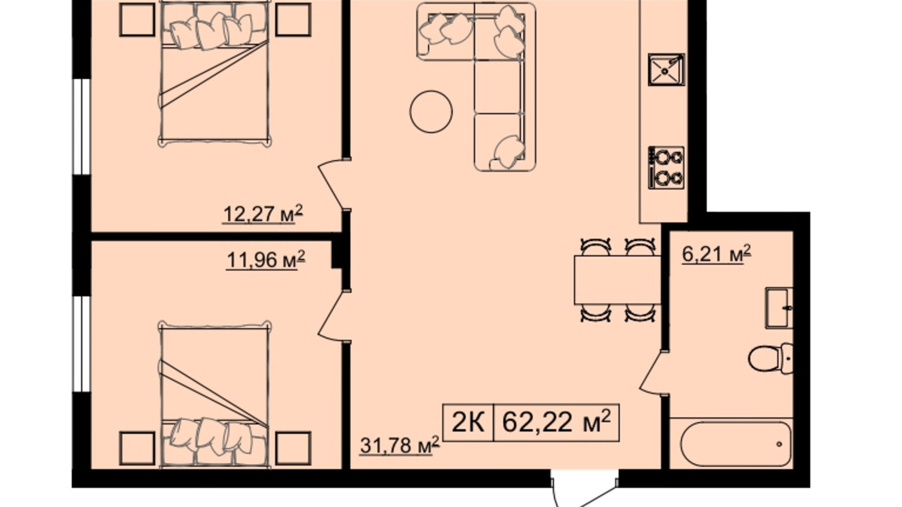 Планировка 2-комнатной квартиры в ЖК на Шпитальний 2 62.22 м², фото 564021
