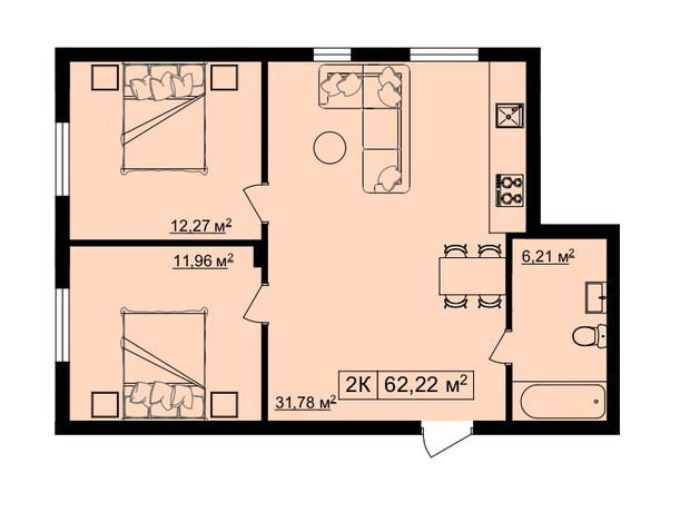 ЖК на Шпитальний 2: планировка 2-комнатной квартиры 62.22 м²