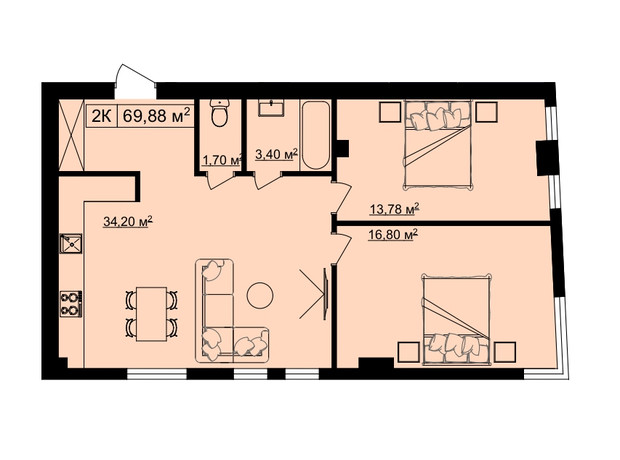 ЖК на Шпитальний 2: планировка 2-комнатной квартиры 69.88 м²