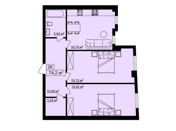 ЖК на Шпитальний 2: планировка 2-комнатной квартиры 74.2 м²