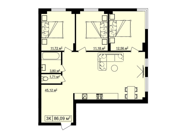 ЖК на Шпитальний 2: планировка 3-комнатной квартиры 86.09 м²