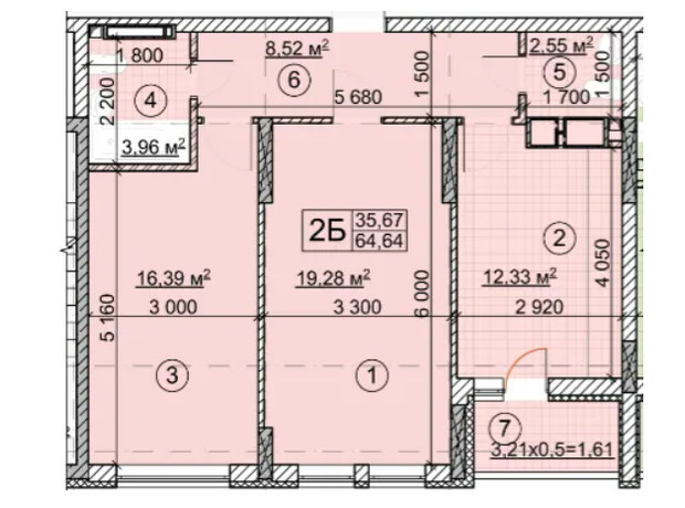 ЖК Forest: планування 2-кімнатної квартири 64.64 м²
