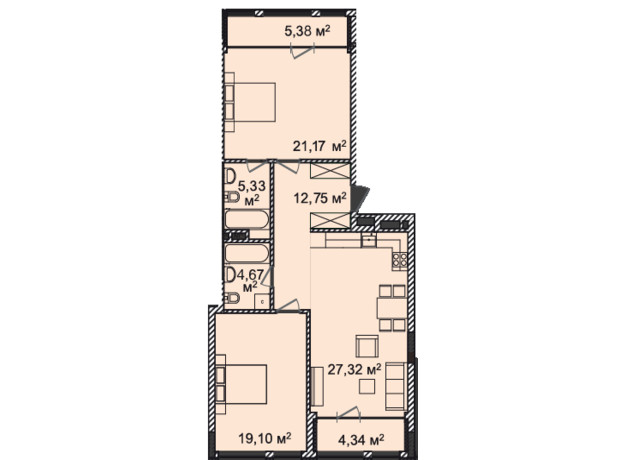 ЖК Montreal House: планировка 2-комнатной квартиры 102.61 м²