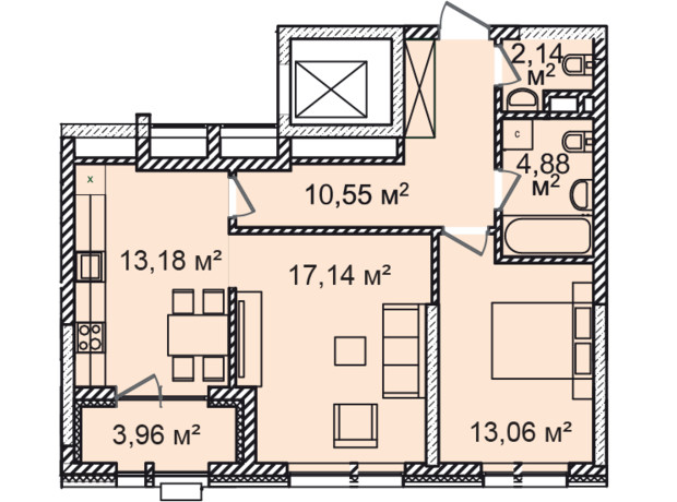 ЖК Montreal House: планировка 2-комнатной квартиры 65.49 м²