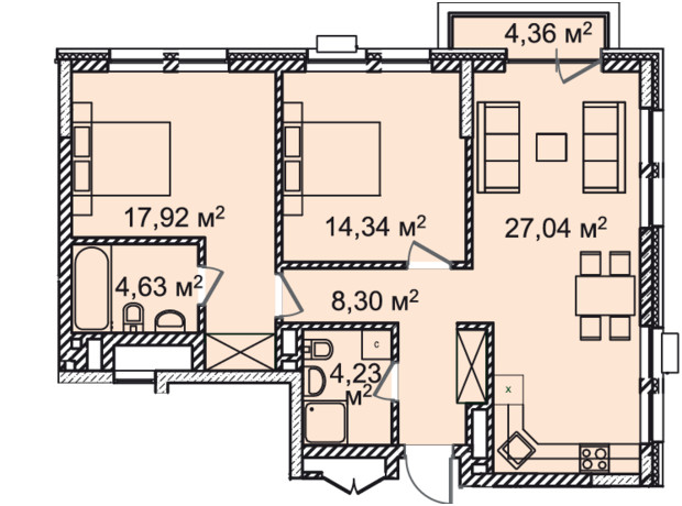 ЖК Montreal House: планировка 3-комнатной квартиры 78.28 м²