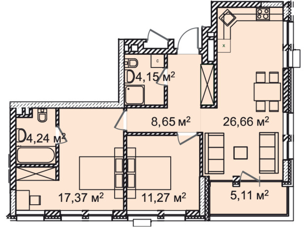 ЖК Montreal House: планировка 3-комнатной квартиры 79.52 м²