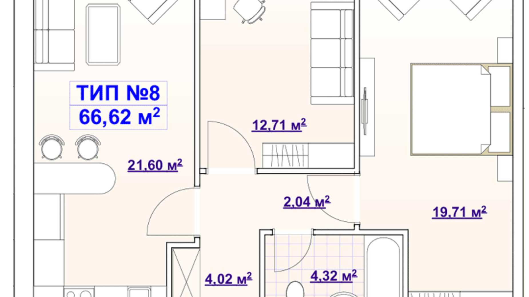 Планування 2-кімнатної квартири в ЖК Barvy 66.62 м², фото 564186