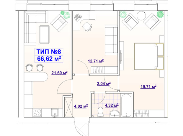 ЖК Barvy: планування 2-кімнатної квартири 66.62 м²