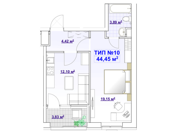 ЖК Barvy: планування 1-кімнатної квартири 44.6 м²