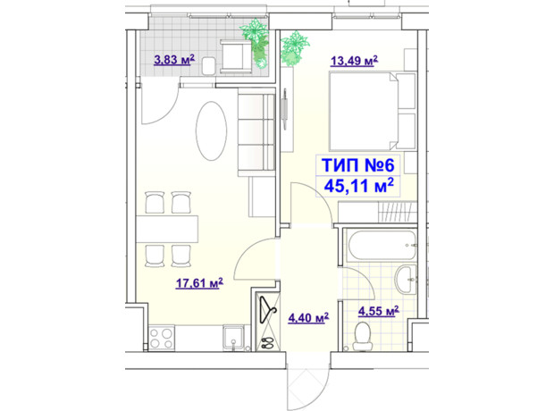 ЖК Barvy: планування 1-кімнатної квартири 45.11 м²