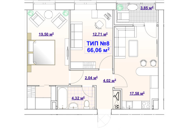 ЖК Barvy: планування 2-кімнатної квартири 66.06 м²