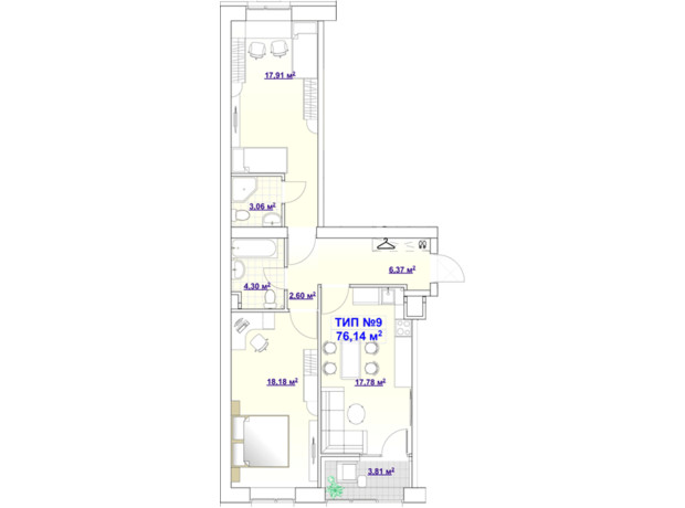 ЖК Barvy: планування 2-кімнатної квартири 76.14 м²