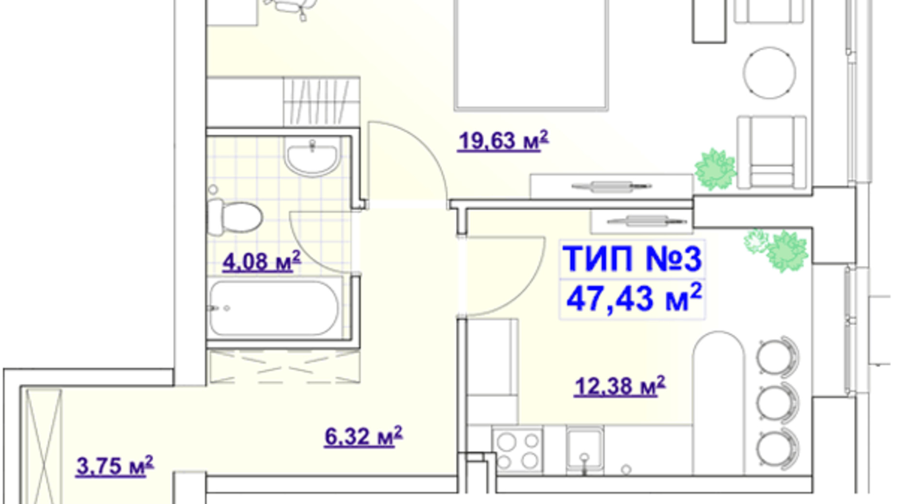 Планування 1-кімнатної квартири в ЖК Barvy 47.43 м², фото 564202