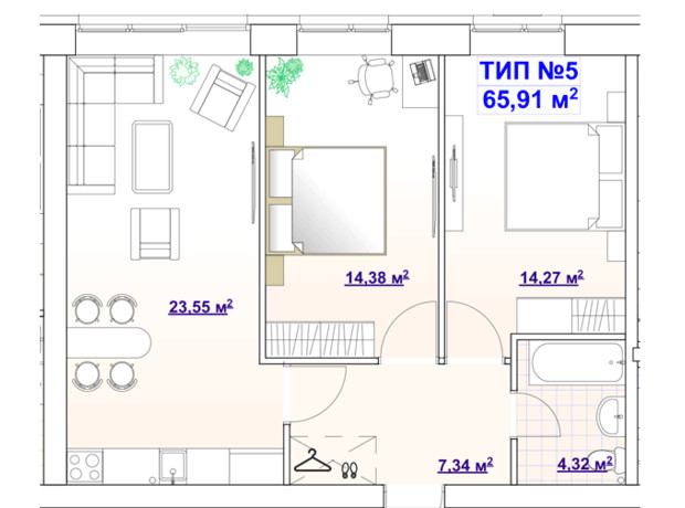 ЖК Barvy: планування 2-кімнатної квартири 65.91 м²