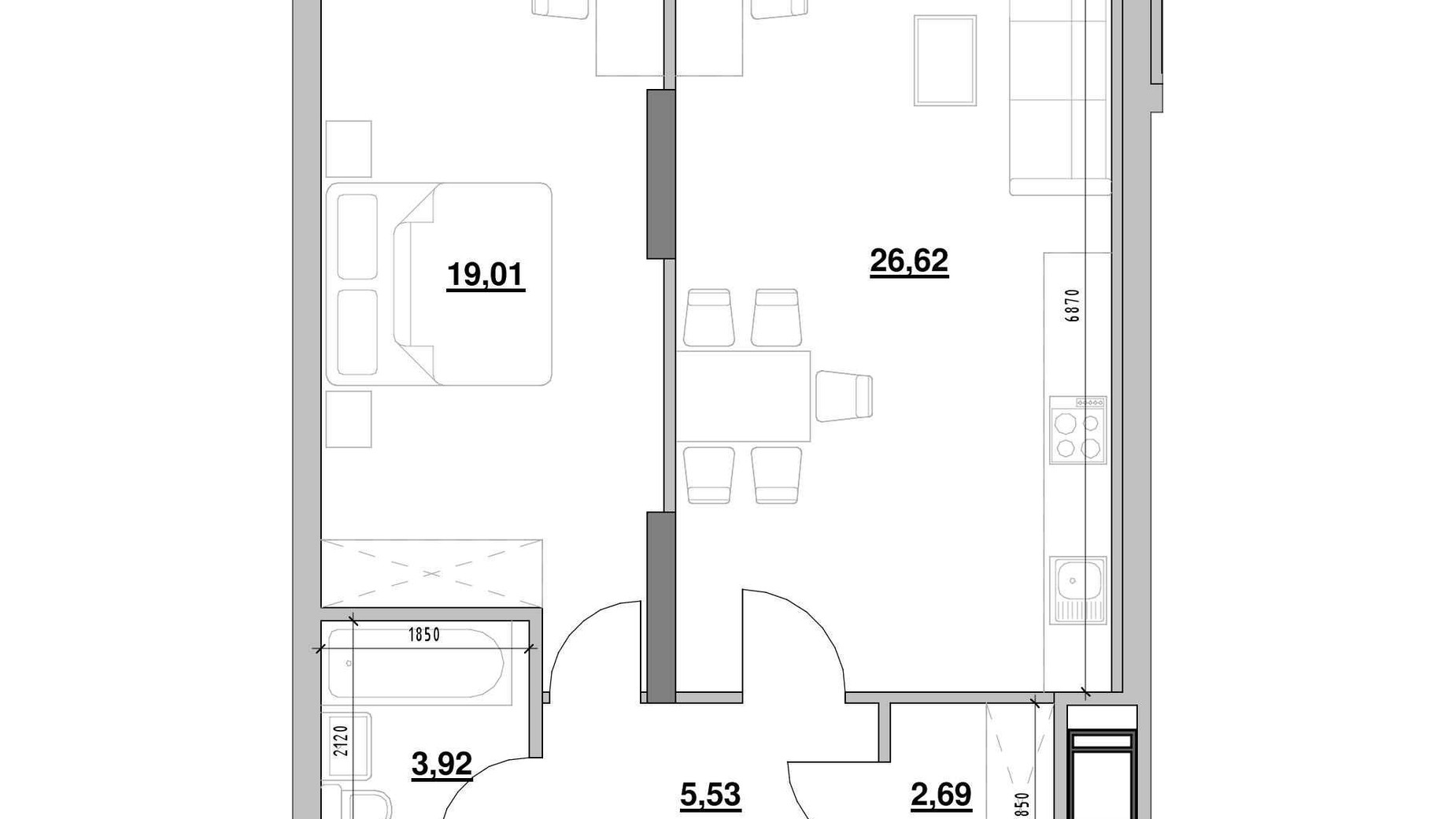 Планування 1-кімнатної квартири в ЖК Nordica Residence 57.77 м², фото 564288