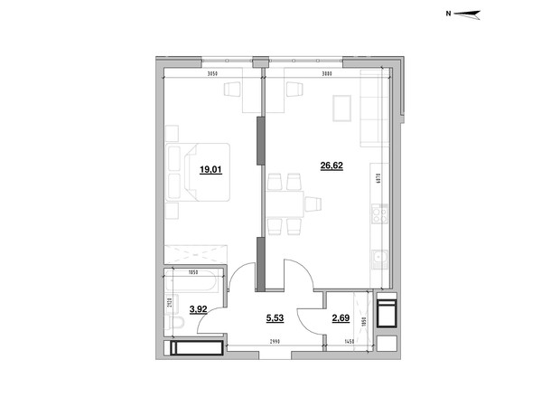 ЖК Nordica Residence: планування 1-кімнатної квартири 57.77 м²