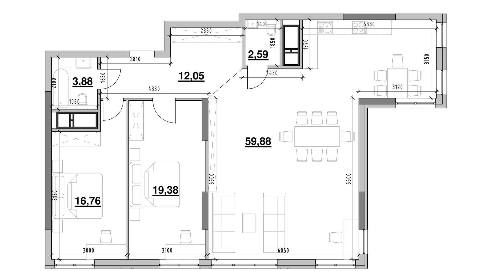 Планування 2-кімнатної квартири в ЖК Nordica Residence 114.54 м², фото 564297