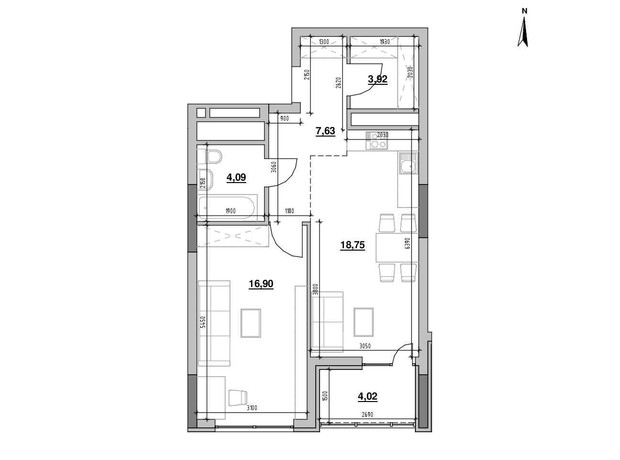 ЖК Nordica Residence: планування 1-кімнатної квартири 55.31 м²