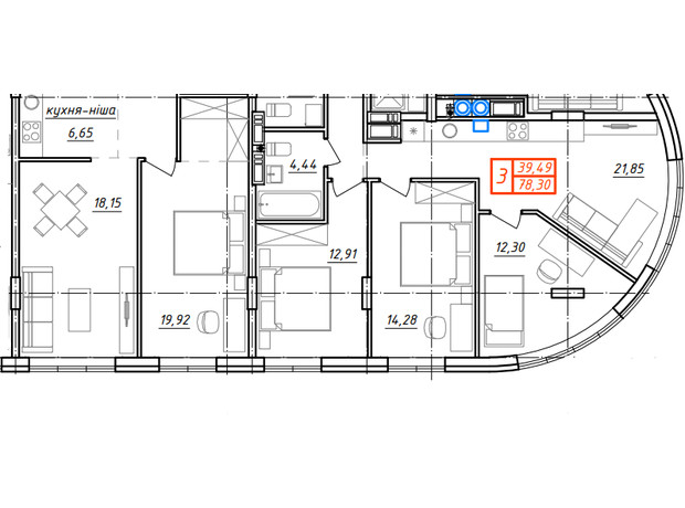 ЖК Ривьера: планировка 3-комнатной квартиры 78.3 м²