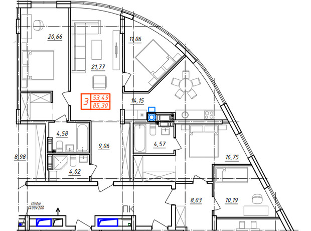 ЖК Рів'єра: планування 3-кімнатної квартири 85.3 м²