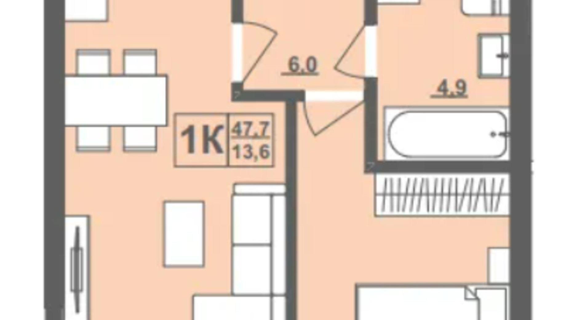 Планировка 1-комнатной квартиры в ЖК Грушевский 47.7 м², фото 564611