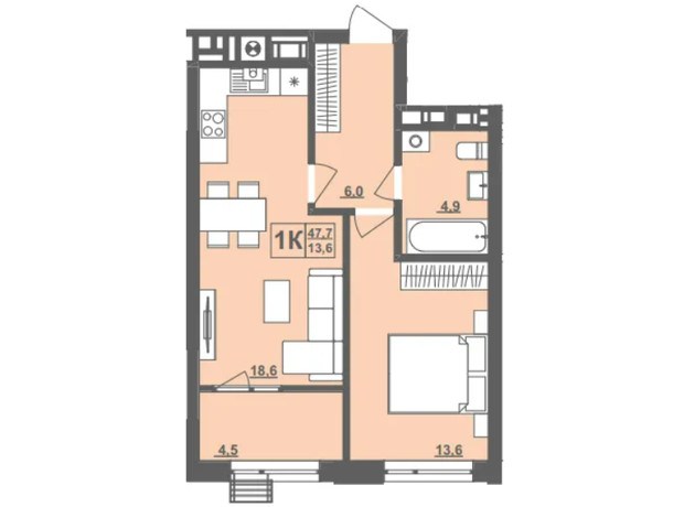 ЖК Грушевский: планировка 1-комнатной квартиры 47.7 м²