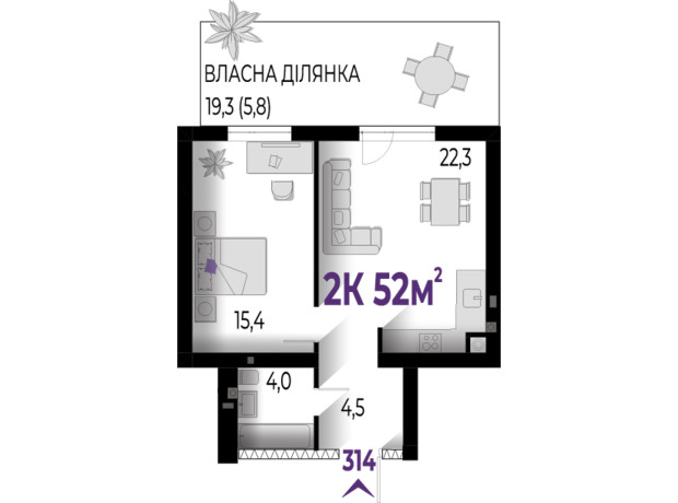 ЖК Wawel: планировка 2-комнатной квартиры 52 м²