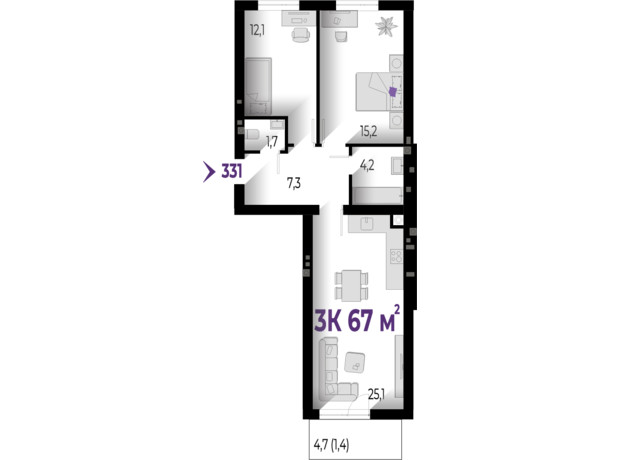 ЖК Wawel: планування 3-кімнатної квартири 67 м²