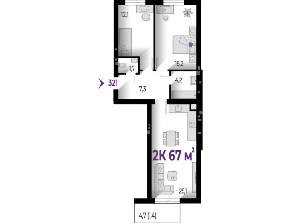 ЖК Wawel: планировка 2-комнатной квартиры 67 м²