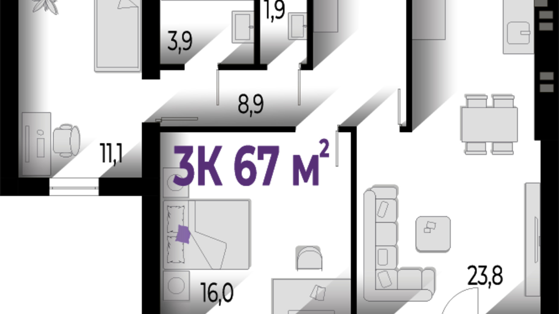 Планировка 3-комнатной квартиры в ЖК Wawel 67 м², фото 564675
