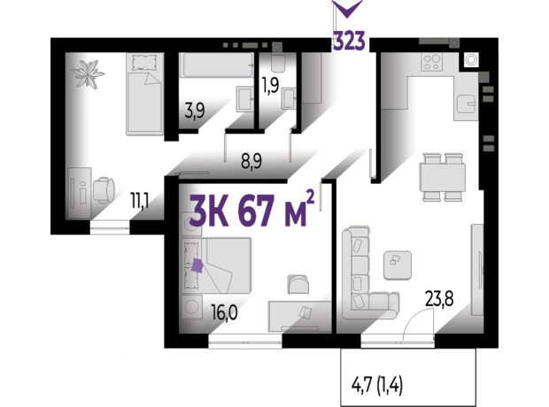 ЖК Wawel: планировка 3-комнатной квартиры 67 м²