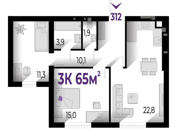 ЖК Wawel: планування 3-кімнатної квартири 65 м²