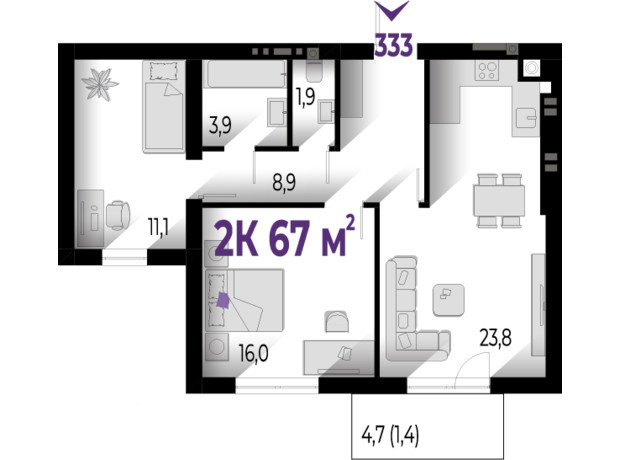 ЖК Wawel: планування 2-кімнатної квартири 67 м²